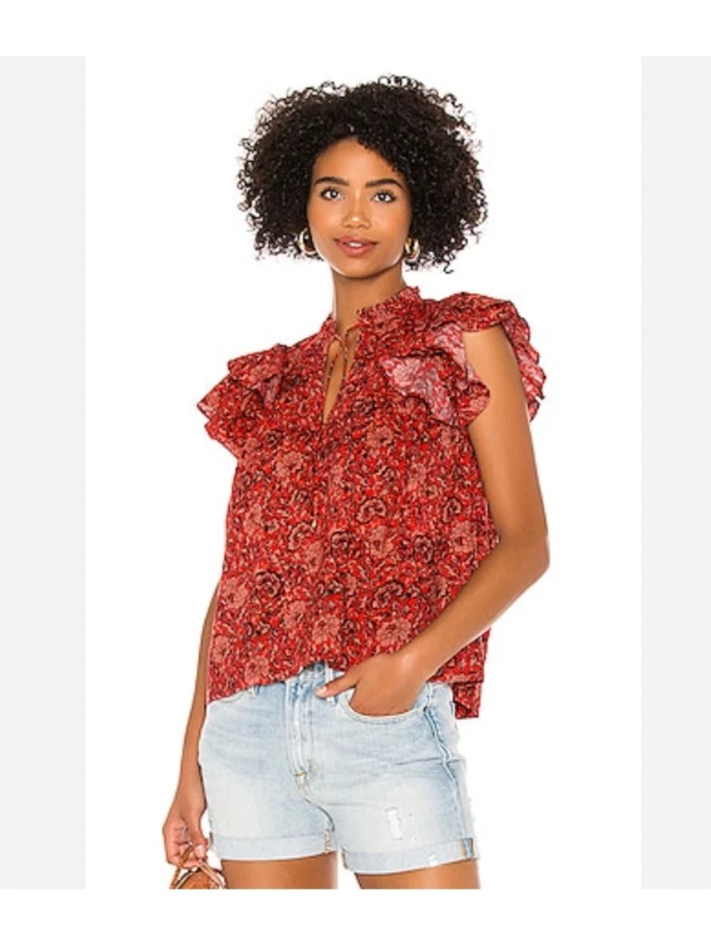 Ulla Johnson Red Floral Ruffle Cap-Sleeve Blouse gabi size 2